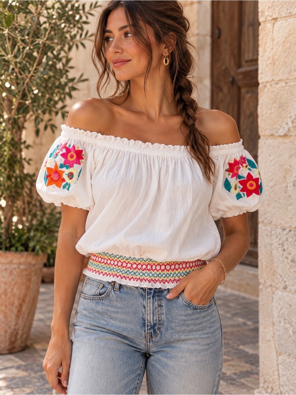 Solitaire Embroidered Peasant Blouse White Floral Boho Smocked Top M